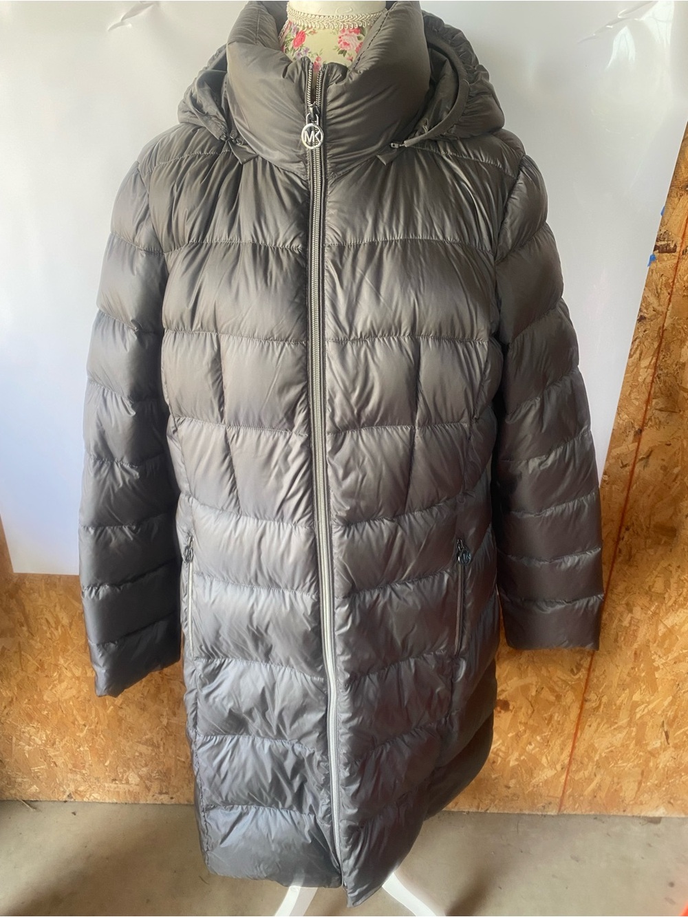 Michael Kors Charcoal Quilted Long Puffer Coat with Hood
